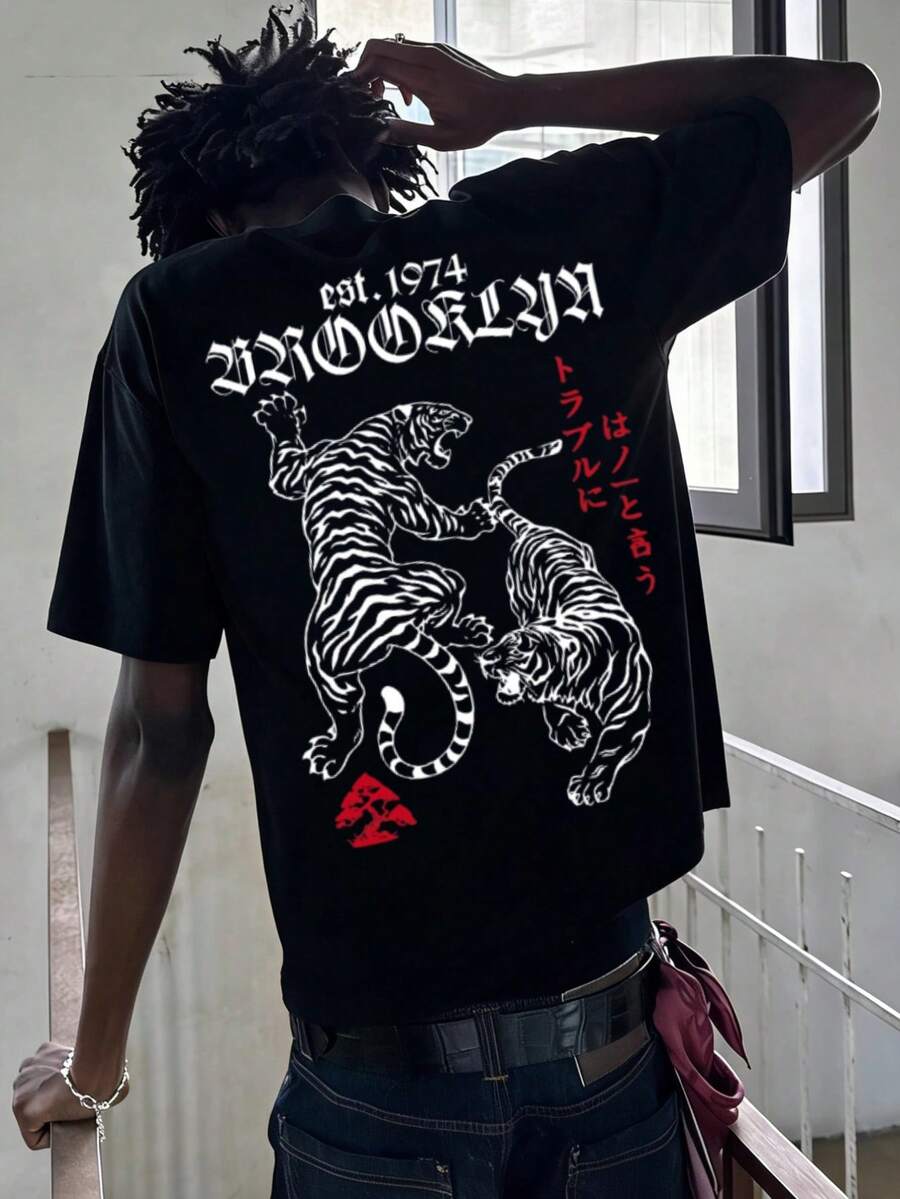 男士夏季时尚街头风日式浮世绘虎纹印花圆领短袖T恤 | 基础款街头休闲上衣，男友/老公礼物 - 黑色 - 查看 1