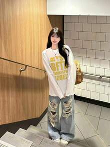 街头风美式设计字母印花宽松休闲长袖T恤，女款，白色，秋冬季 - 白色 - 查看 2