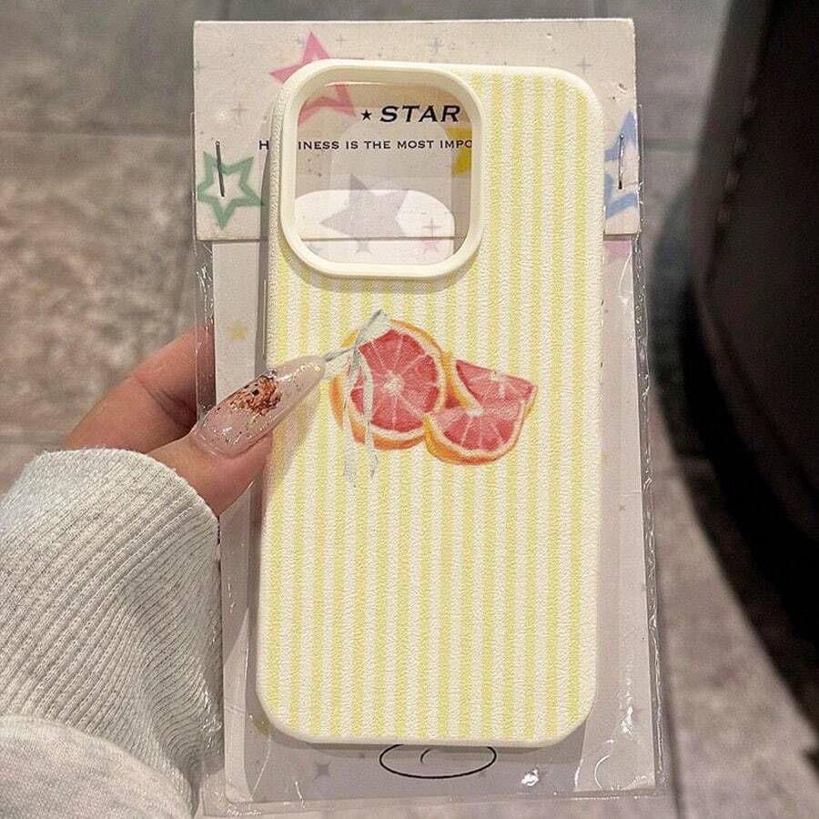 1 pieza Funda de teléfono de material TPU con diseño de lazo blanco y rayas amarillas de pomelo, compatible con iPhone 17 Pro Max/17/16 Pro Max/15/13/12/11, S20 FE/A15/S24/A55, compatible con Redmi Note 11/Note 12/Note 13 Pro, protección suave antideslizante de cobertura completa - Blanco - Ver 1
