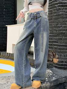 Y2K Style Minimalist Versatile Women's Jeans, Suitable For Casual Daily Wear (Including Belt) Spring - Dark Wash - View 1