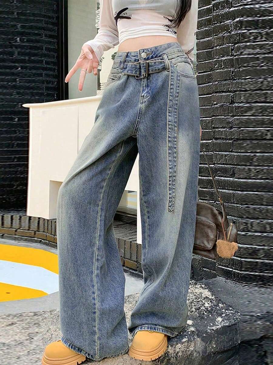 Y2K Style Minimalist Versatile Women's Jeans, Suitable For Casual Daily Wear (Including Belt) Spring - Dark Wash - View 1