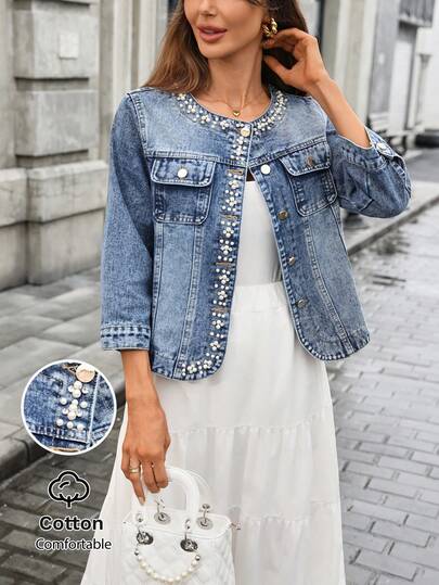 Women's Plus Size Beaded Denim Jacket Coat, Short Style, Spring/Autumn