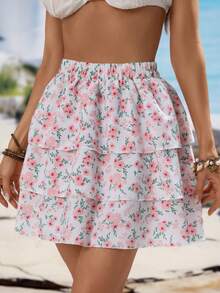 Women's Summer Floral Print Multi-Layered Short Cake Skirt, Vacation Style Mini Skirt White Spring - White - View 3