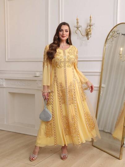 JINLICX Đầm ôm dáng cổ chữ V màu vàng kim cổ điển đính hạt cườm, thích hợp cho mùa xuân.