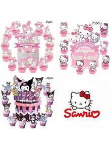 SANRIO 75张主题蛋糕装饰卡片套装，采用粉色、紫色和黑色可爱风格设计。适合生日派对，可为甜点桌营造轻松愉快的氛围，并可作为精美装饰品，美化派对甜点的外观。 - 彩色 - 查看 3
