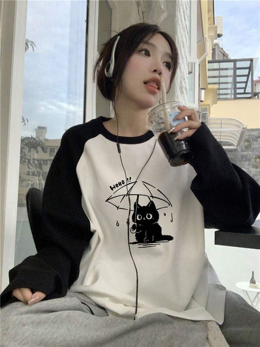 女士宽松休闲百搭英文字母、雨伞、卡通猫印花长袖T恤 - 黑與白 - 查看 1
