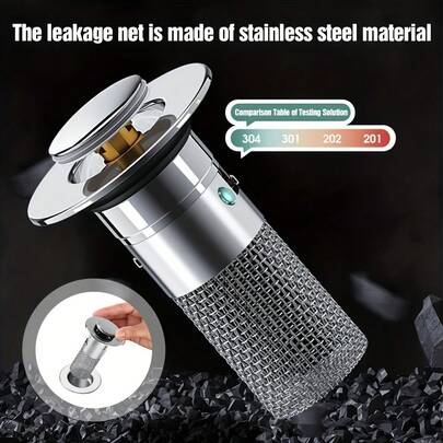 1pc Retractable Drain Plug With Hair Catcher Filter, Made Of 304 Stainless Steel And -Plated Plastic, Fits Drain Holes 1.34 To 1.57 Inches In Diameter, Compact Design And Rust-Resistant Material.