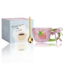 LECHENG HOUSEHOLD Gift Box Set With Cup + Spoon, Cute Strawberry Ceramic Cup, Hand-Painted 3D Strawberry Design, Creative Ceramic Cup Suitable For Latte, Tea, Milk, Coffee Drinks, Decorative Cup, Women's Birthday Gift, Suitable For Office And Home Use - Multicolor - View 12