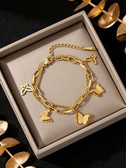 1 pieza Pulsera de mujer con colgante de acero inoxidable de estilo naturalista con colgante de mariposa 3D/mariposa hueca, adecuada para uso diario o vacaciones casuales