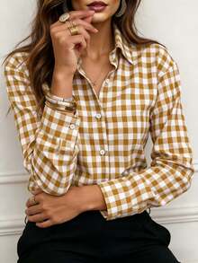 Camisa de mujer de manga larga con botones y estampado de cuadros, ajuste regular, prenda superior de tela tejida - Mostaza Amarilla - Ver 7