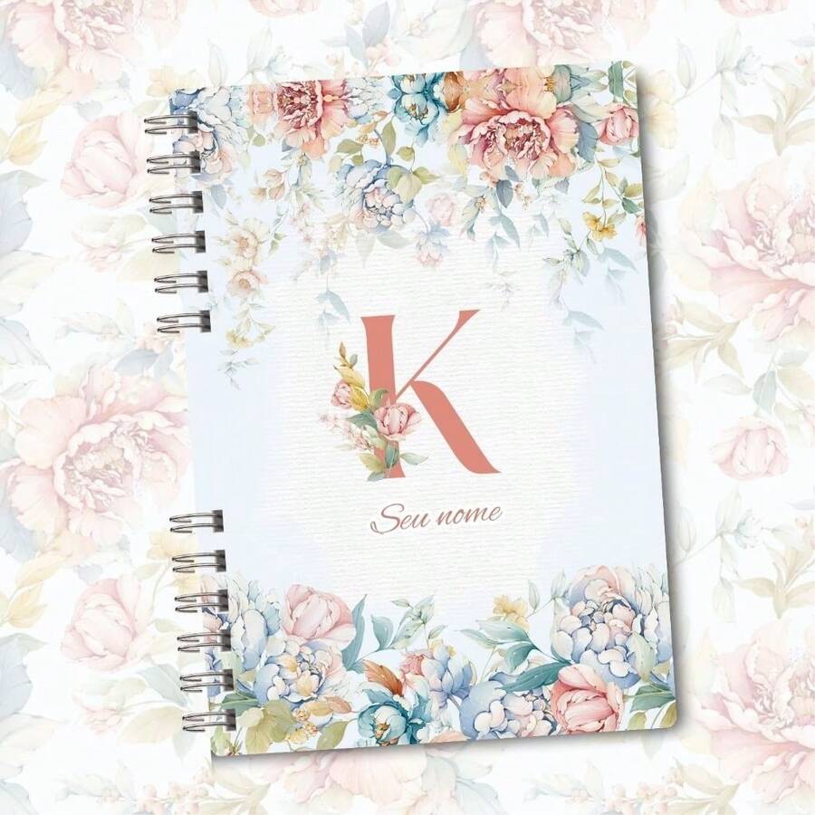 A5 Floral Pink And Blue Notebook Personalized With Initial Of The Alphabet - K - View 1