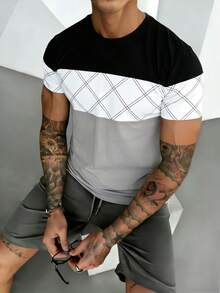 GRDR 1pc Summer New Contrast Color Business Casual Round Neck Men's T-Shirt - Grey - View 5