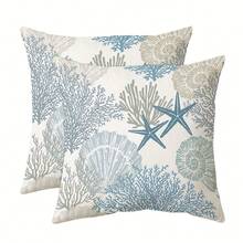2pcs Super Soft Nautical Coastal Throw Pillow Covers, Ocean Theme Beach Shell Coral Starfish Sofa Cushion Cases, Outdoor Sofa Seat Cushion Covers, Modern Decor For Bedroom, Living Room, 18 X 18 Inches Gifts Birthday Graduation - 2入組 - 查看 3