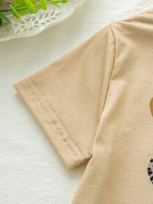 2pcs/Set Girls' Casual Heart Print Decor Short Sleeve Top And Faux Drawstring Shorts Set, Spring/Summer - Apricot - View 5