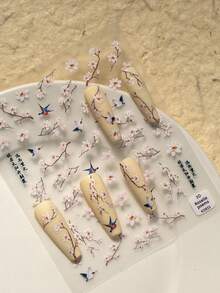 1pc New Chinese Style Nail Art Sticker, Featuring White Flowers, Flying Birds As The Main Elements, Paired With Oriental Text And Classical Poems, Exuding Elegant Oriental Aesthetics, Suitable For Those Who Enjoy Chinese Style, Refined And Sophisticated Manicure Nails Nail Stickers - Multicolor - View 5