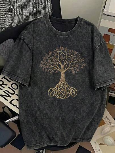 This "Alaï Select" Men's Fashion -Inspired Short-Sleeved T-Shirt Features A Washed, Distressed Black Design With A Tree Of Life Print And Celtic-Inspired Decorative Patterns. Stylish And Retro, It's Perfect For Everyday Wear, Parties, And Outdoor Activities.