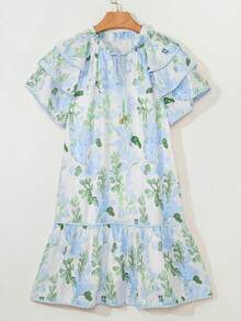 Acelitt Summer Light Blue Floral Contrast Edge Layered Short Sleeve Mini Dress Elegant Vacation - Baby Blue - View 4
