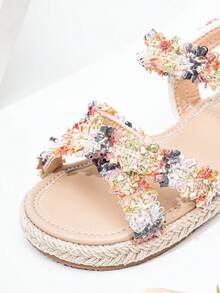 1 Pair Fashion Straw Woven Girls Sandals, Lace Rope Braided Flat Design Cute Baby Shoes, Suitable For Spring, Summer, Autumn Wear With Dresses - White - View 7