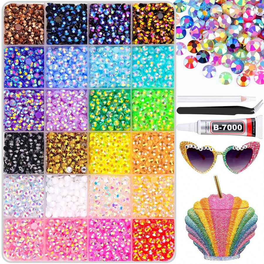 6600 Pieces Of Resin Rhinestones For Bed Covers, 1 Piece Of B7000 Jewelry Adhesive, Colored 3mm-5mm Non Heat Fixed Flat Back Gemstones, Handmade Rhinestone DIY Crafts For Clothing, Roller Cups, Shoe Uppers, Decorative Arts - Type9 - 查看 1