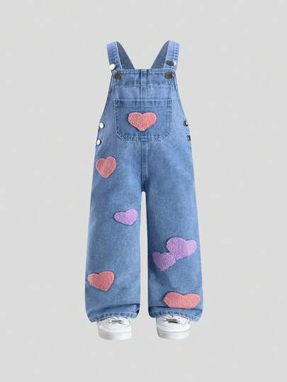 Girls' Denim Overalls With Embroidered Heart Design, Cute Style Suitable For Little Girls, Loose And Comfortable Fit, Soft Fabric, Suitable For Autumn/Winter And All Seasons, Christmas Outfit