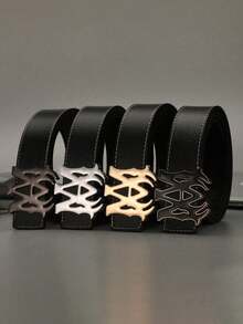 Men's Fashion Letter Push Buckle Belt, Premium Black PU Faux Leather Belt With Adjustable Push Buckle | 5 Buckle Colors (Gold/Silver/Black/Gold-Black/Silver-Black), Suitable For Formal And Casual Wear, 120cm Length, Ideal Gift For Men - Multicolor - View 1
