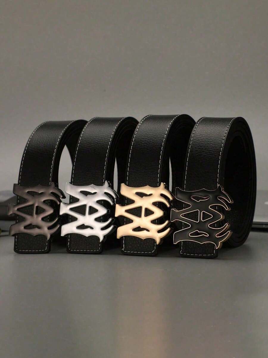 Men's Fashion Letter Push Buckle Belt, Premium Black PU Faux Leather Belt With Adjustable Push Buckle | 5 Buckle Colors (Gold/Silver/Black/Gold-Black/Silver-Black), Suitable For Formal And Casual Wear, 120cm Length, Ideal Gift For Men - Multicolor - View 1