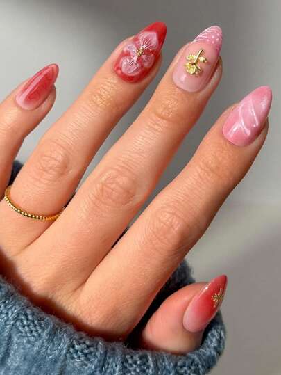 24pcs Short Almond Shaped Press On Nails French Manicure With Sculpted Flowers, Wavy Stripes, Heart Patterns, Metallic Roses, And Shimmering Gold Star Embellishments, Featuring A Red Blush Gradient. Perfect Fit For Acrylic Fake Nails. Set Includes 1pc Nail Glue And 1pc Nail File, Easy To Apply, Suitable For Women And Girls For Daily Wear, Party Nails And Other Occasions.Spring And Summer Nails