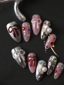 XEERCOOU 10pcs Press On Nails Silvery Pink Hand Drawn Bow Tie Colorful Stars Long Heavy Industry Office Daily Wear False Nails Artificial Nails Kit Nail Supplies Includes 1sheet Adhesive Tabs &1 Pc Mini File Nail Art DIY Handmade Press On Nails - Multicolor - View 4