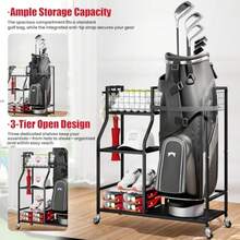 Golf Bag Organizer Golf Club Storage with Wheels Sturdy Metal Golf Bag Holder Stand for Home Garage Outdoor Includes 4 Storage Sections and Removable Hooks - como en la foto - Ver 8