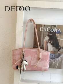 Dedoo Women's Fashionable Retro Denim Plaid Tote Bag, Adorned With A Delicate Pony Charm. - Pink - View 2