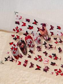 1pc Gothic Style Nail Art Sticker, Featuring Red-Black Gradient Butterflies With "Blood Stain" Effect And Hollow Blood Vein Butterflies, Creating A Broken And Mysterious Aesthetic, Suitable For Personalized And Niche Dark Style Manicure - Multicolor - View 11
