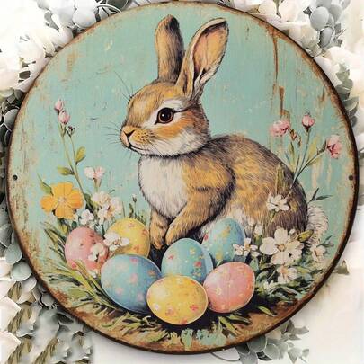 2D 平面复古复活节兔子 8x8 英寸金属标牌 | 春季花环装饰，饰有彩蛋图案，农舍风格家居装饰，完美适用于复活节庆祝活动，节日墙面艺术 | 独特设计 | 兔子配饰，理想的房间装饰，孔位随机