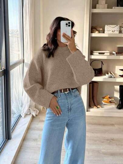 Jersey de punto casual de cuello redondo gris para mujer