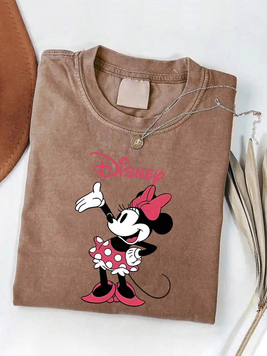 Disney Authorized | Vintage Minnie Mouse T-Shirt For Men And Women -100 Cotton Washed Casual Summer T-Shirt-Vibrant Digital Printing-Machine Washable-Perfect Gift For Fans. - 卡其色 - 查看 1
