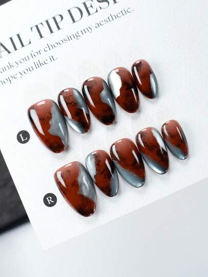 提升气质，10片装，纯手工短款按压式假指甲套装，甜美少女美甲，杏仁形短款，适合女性和女孩在节日派对上佩戴，纯手工可重复使用假指甲，包含1个迷你指甲锉和1个自粘标签