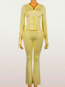 Women's Casual Graphic Print "Girl" Zip-Up Hoodie And Pants Set, Street Style Sporty Long Sleeve 2-Piece Outfit, Suitable For Party And Gathering Wear, Autumn - 黃色 - 查看 3