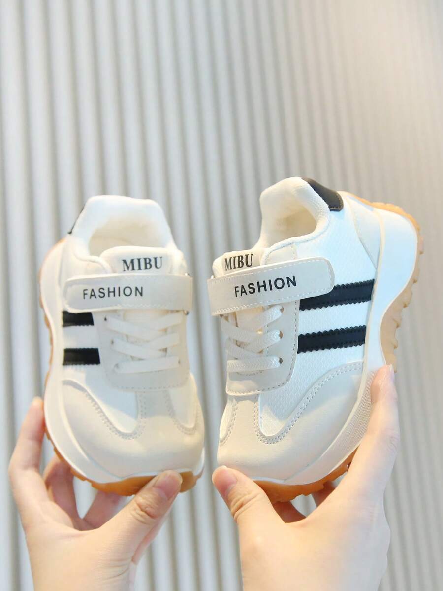 Kids' Black & White Striped Casual Sneakers - Adjustable Hook & Loop Closure, Synthetic Leather Upper, Lightweight Sole, Fashionable For Everyday & School Wear - Beige - View 1