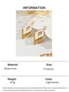 1 Pair Versatile Boho Style Handmade Woven Raffia Double-Layer Geometric Rhombus Earrings, Creative Exaggerated Colorful Raffia Geometric Earrings Suitable For Women's Daily, Vacation, Party Wear (Handwoven Randomly, Handmade May Have Slight Glue Residue) - Light Coffee - View 6