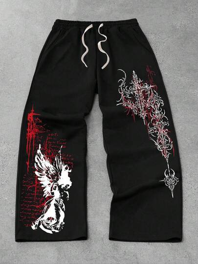 Spring And Autumn New Men's Wide-Legged Trousers Loose Fit Pattern Print Comfortable Versatile Leisure Sports Elastic Waist Drawstring Trousers Travel Holiday Outdoor Camping Fitness Running Men's Jogging Trousers