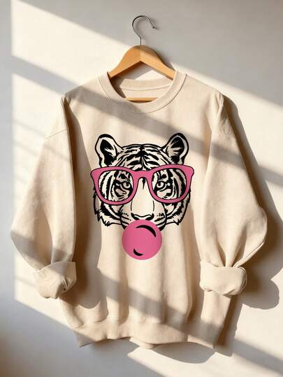 Women's Autumn Tiger Print Crew Neck Sweatshirt, Casual Loose Versatile Holiday Style Top, Suitable For Daily Wear, Autumn/Winter Fashion