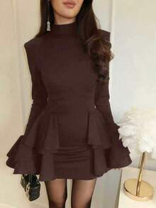 Vestido formal de manga larga con cuello de volantes/volantes multicapa de tela de punto de unicolor elegante para mujer, adecuado para otoño y primavera - Café integral - Ver 5