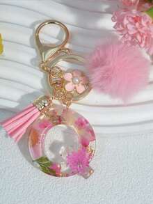 1pc Dried Flower Letter Keychain Resin Pendant Daisy Flower Keyring, Pink Gift With Pom Pom Tassel Charm - Pink - View 37