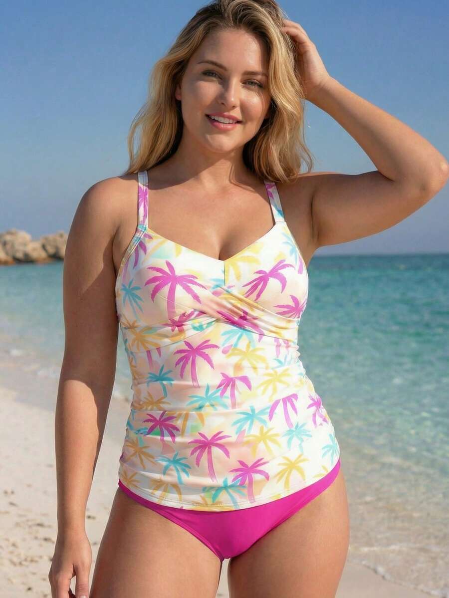 2026 Backless Cross-Tie Deep V Push Up Swimsuit, Adjustable Thin Straps, Ruched Tummy Control Slimming, Plus Size Sexy Curvy Fit - 彩色 - 查看 1