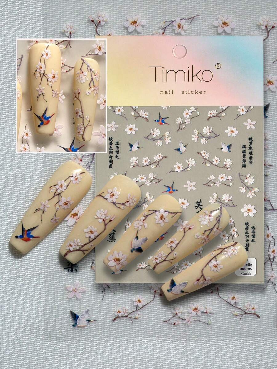 1pc New Chinese Style Nail Art Sticker, Featuring White Flowers, Flying Birds As The Main Elements, Paired With Oriental Text And Classical Poems, Exuding Elegant Oriental Aesthetics, Suitable For Those Who Enjoy Chinese Style, Refined And Sophisticated Manicure Nails Nail Stickers - Multicolor - View 1