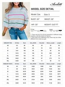 Acelitt Top tricoté casual à épaules dénudées avec blocs de couleurs et rayures, manches 3/4, convient pour toutes les saisons - Bleu gris - Voir 5