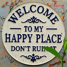 "Welcome To My Happy Place Don't Ruin It" Round Metal Tin Sign, Vintage Floral Wall Art Decor, Size 8 Inch (20x20cm) - Funny Sarcastic Plaque, Humorous Home Entrance Ornament, Front Door, Porch, Patio, Garden Fence, Backyard Signage, Living Room, Bedroom, Kitchen, Cafe, Bar, Office, Novelty Gift For Him Her, Waterproof Iron Plate, Pre-Drilled Holes, Rounded Edges, Polished Finish, Nostalgic Design, Household Accessory, Indoor Outdoor Sign, Sassy Quote, Personal Sanctuary, Minimalist Art, Apartment Essentials, Modern Wall Hanging, Decorative Shield, No Fade Print, Metal Label, Artistic Touch, Country Style - 彩色 - 查看 8