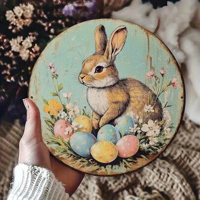 2D 平面复古复活节兔子 8x8 英寸金属标牌 | 春季花环装饰，饰有彩蛋图案，农舍风格家居装饰，完美适用于复活节庆祝活动，节日墙面艺术 | 独特设计 | 兔子配饰，理想的房间装饰，孔位随机