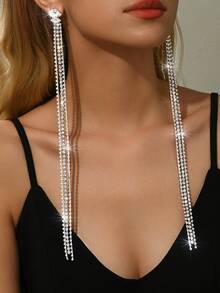 New In 2026 Sparkling Long Crystal Tassel Golden Earrings, Women's Exaggerated Long Chain Drop Earrings, Party & Night Event Theme Earring - Gold Earrings - View 1