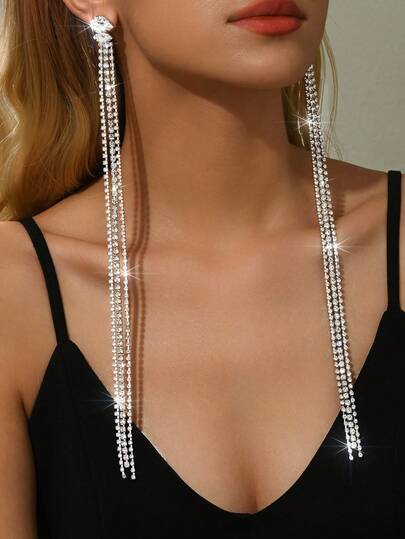 New In 2026 Sparkling Long Crystal Tassel Golden Earrings, Women's Exaggerated Long Chain Drop Earrings, Party & Night Event Theme Earring