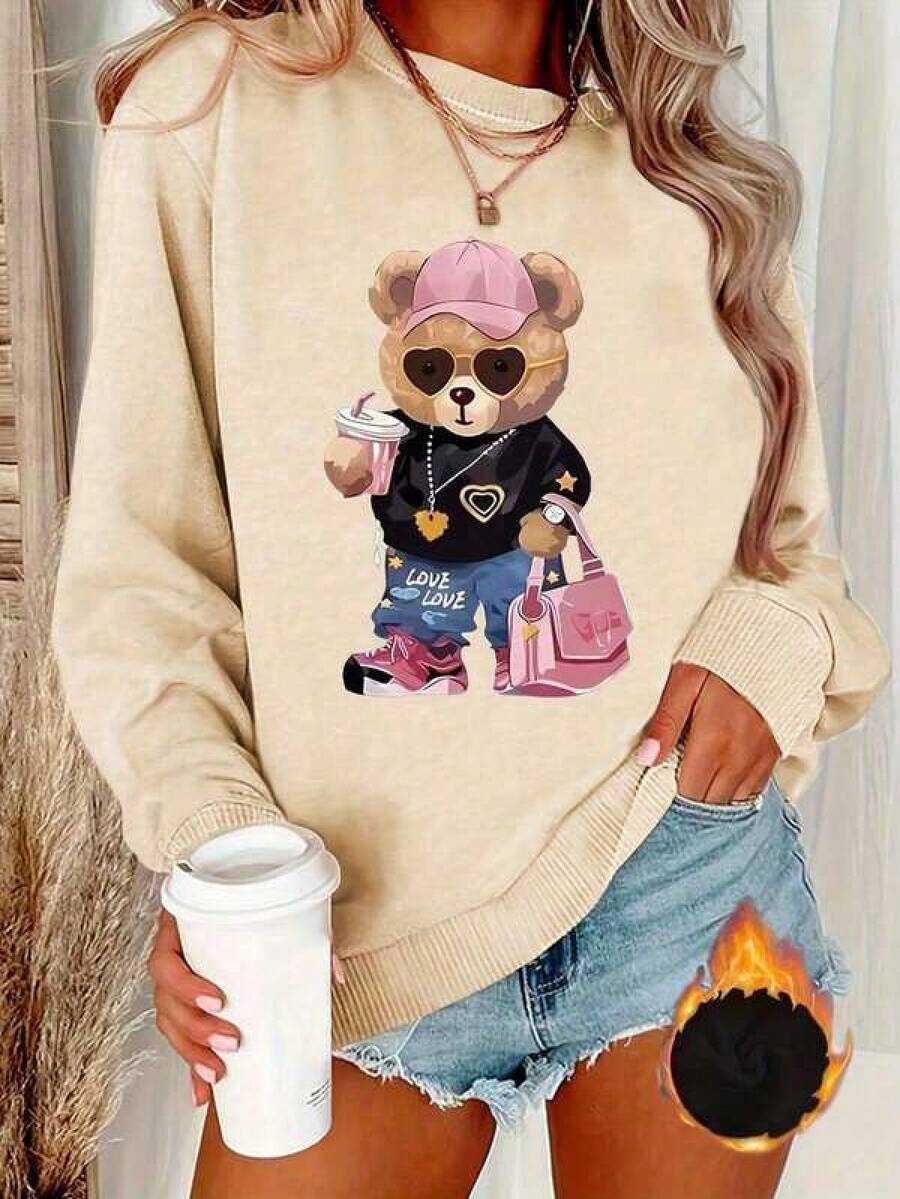 Sweat Shirt2025 New Sweatshirts Women's Casual Round Neck Sweatshirt With Teddy Bear Graphic, 100% Polyester Fabric, Alphabet Pattern Appliqué, AutumnWinter Fashion Top, Weight 250gM² Loose And ComfortableLoose And Comfortablevalentines Clothes - 杏色 - 查看 1